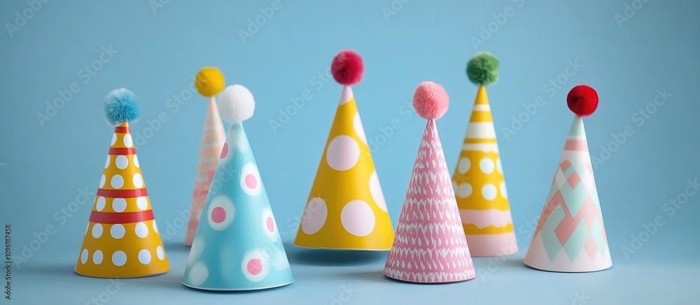 Colorful children's party hats displayed against a soft blue background ready for festive celebrations and birthday parties Colorful children's party hats displayed against a soft blue background ready for festive celebrations and birthday parties