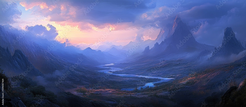 Naklejka premium Panoramic mountain landscape at dusk showcasing layered blue mountains and a winding river under a dramatic sky