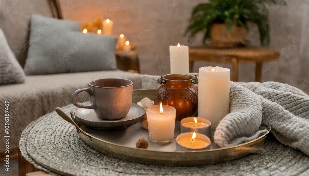 Elegant still life in a cozy homes living room featuring a serving platter with a steaming cup of tea and a metallic can, surrounded by warm ambient light and subtle decorative details. Elegant still life in a cozy homes living room featuring a serving platter with a steaming cup of tea and a metallic can, surrounded by warm ambient light and subtle decorative details.
