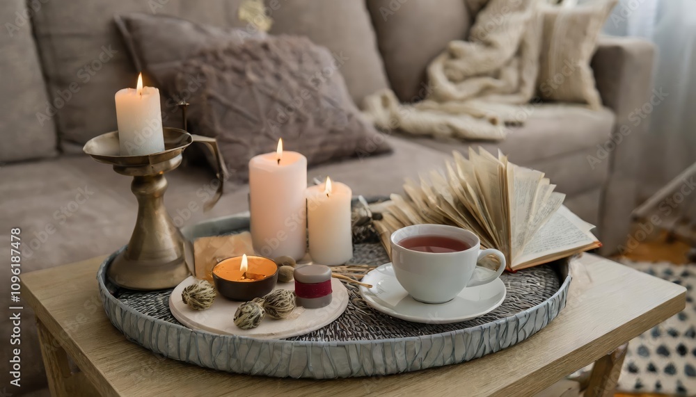 A captivating still life scene in a cozy living room featuring a serving platter adorned with a cup of tea and a decorative can, showcasing serene domestic elegance and a warm, inviting A captivating still life scene in a cozy living room featuring a serving platter adorned with a cup of tea and a decorative can, showcasing serene domestic elegance and a warm, inviting