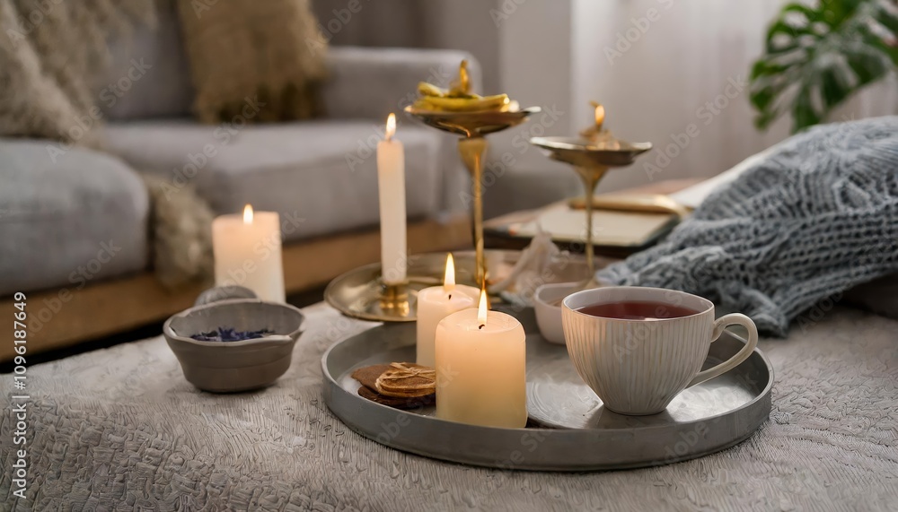 Elegant still life in a cozy living room featuring a serving platter with a steaming cup of tea, a metallic can, and curated home decor, capturing a serene and inviting atmosphere with Elegant still life in a cozy living room featuring a serving platter with a steaming cup of tea, a metallic can, and curated home decor, capturing a serene and inviting atmosphere with