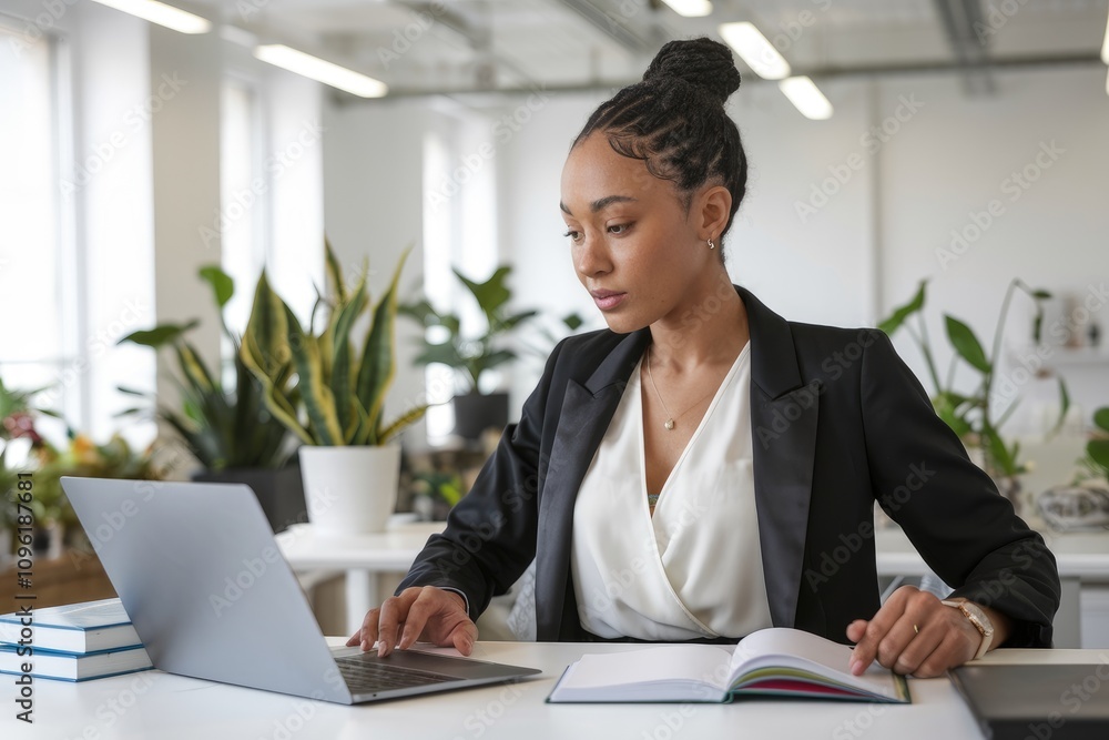 Focused businesswoman working on laptop in modern office with plants Focused businesswoman working on laptop in modern office with plants