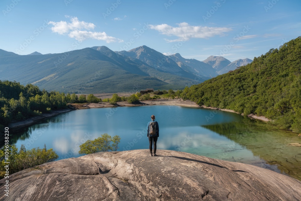 Female hiker contemplating beautiful mountain lake scenery in norway Female hiker contemplating beautiful mountain lake scenery in norway