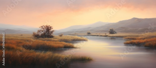 serene sunrise over tranquil landscape with gentle river and soft lighting in the early morning mist