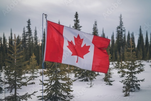 Canadian flag waving in snowy forest of pine trees