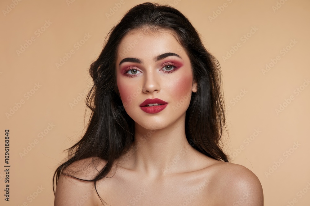 Beautiful brunette woman showing her professional makeup on beige background Beautiful brunette woman showing her professional makeup on beige background