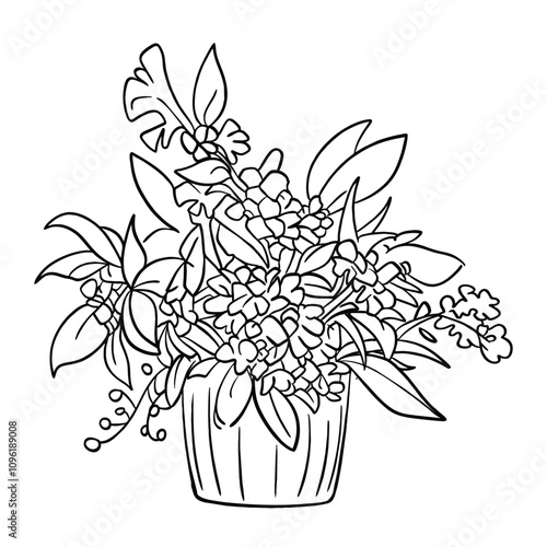 Indoor Bushy Plant in Pot – Hand Drawn Line Art
