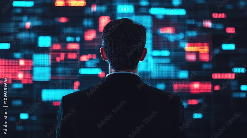 Businessman Analyzing Data Visualizations on a Digital Screen in a Dark Room, Representing Technology, Innovation, and Analysis in the Modern World Businessman Analyzing Data Visualizations on a Digital Screen in a Dark Room, Representing Technology, Innovation, and Analysis in the Modern World