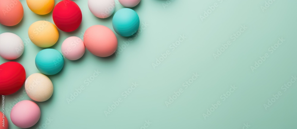 Colorful Easter eggs beautifully arranged on a mint green background in a flat lay composition for festive spring celebrations Colorful Easter eggs beautifully arranged on a mint green background in a flat lay composition for festive spring celebrations