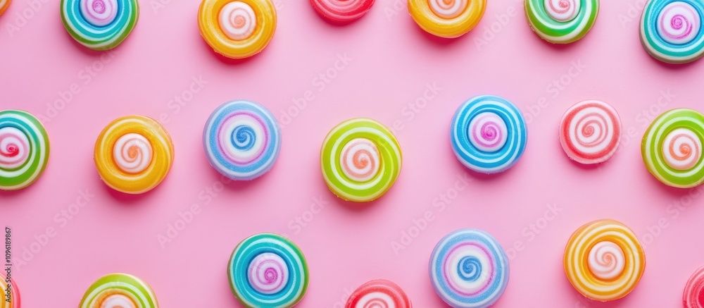 Colorful circular candies arranged in a flat lay pattern on a pink background Perfect for children's treats and sweet confectionery designs Colorful circular candies arranged in a flat lay pattern on a pink background Perfect for children's treats and sweet confectionery designs