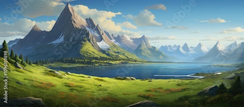 Serene morning landscape at national park featuring majestic mountains and tranquil lake surrounded by lush greenery