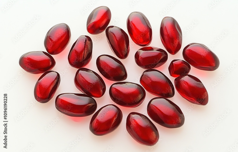 A collection of glossy red oval-shaped objects arranged on a light background. A collection of glossy red oval-shaped objects arranged on a light background.