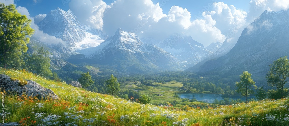 Obraz premium Breathtaking natural landscapes in a mountainous region showcasing lush greenery and majestic peaks under a clear blue sky.
