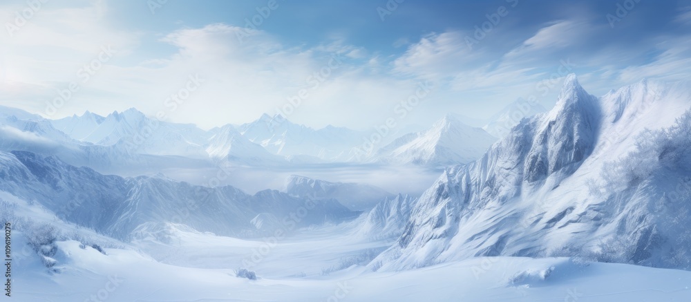 Obraz premium Serene winter landscape with snow-covered peaks and a tranquil sky creating a breathtaking mountain scene in a frosty environment