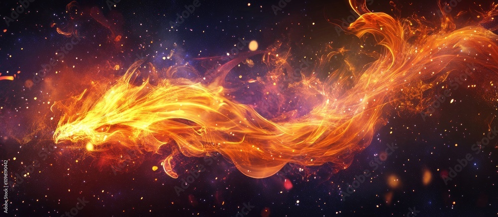 Flaming Dragon Silhouette Against Cosmic Background in Vibrant Orange and Red Tones