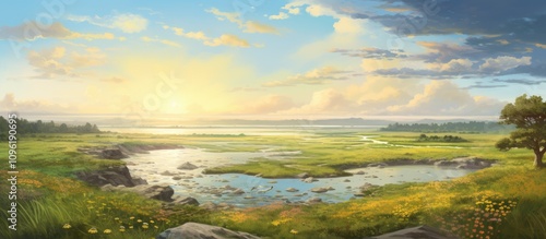 Serene coastal landscape at sunrise showcasing wetlands vibrant flora and tranquil waters under a colorful sky