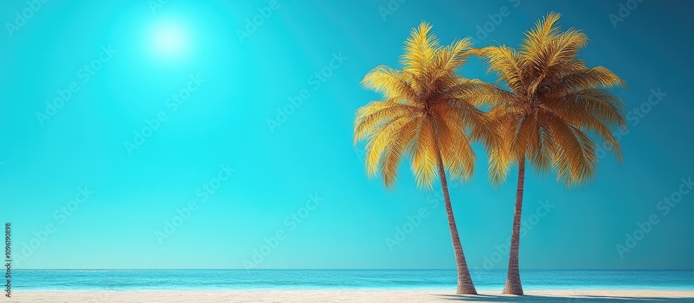 Serene tropical landscape with palm trees under clear blue sky and sunlit ocean perfect for vacation and relaxation imagery Serene tropical landscape with palm trees under clear blue sky and sunlit ocean perfect for vacation and relaxation imagery