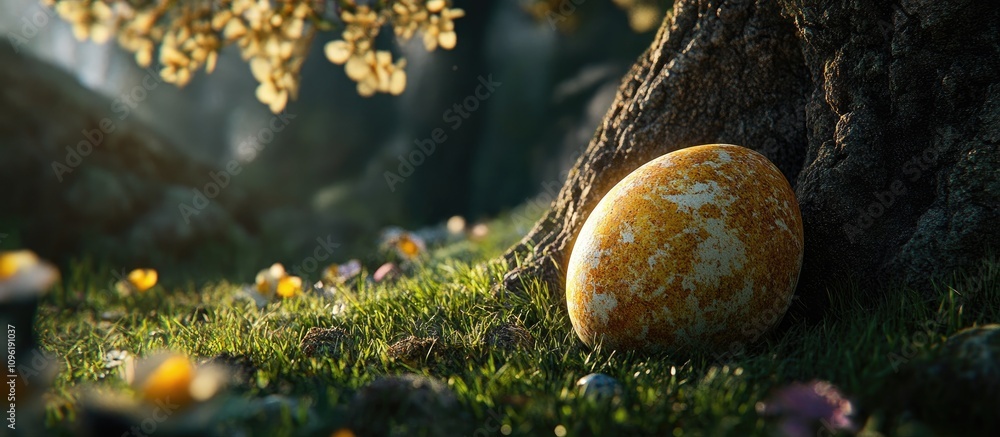 Easter egg resting on lush grass near an ancient tree surrounded by colorful flowers in a serene spring setting. Easter egg resting on lush grass near an ancient tree surrounded by colorful flowers in a serene spring setting.