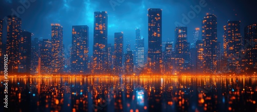 Vibrant urban skyline at night with contemporary high-rise buildings and reflections in water creating a dynamic city landscape.