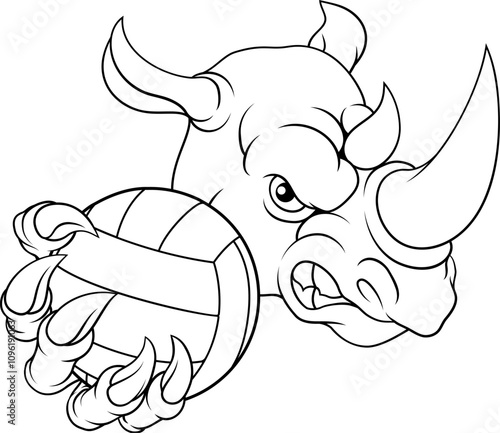 A rhino rhinoceros volleyball animal sports mascot holding a volley ball in his claw