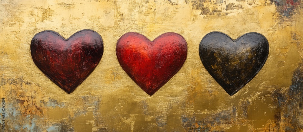 Three decorative hearts in red and black against a shimmering gold backdrop conveying themes of love and celebration. Three decorative hearts in red and black against a shimmering gold backdrop conveying themes of love and celebration.