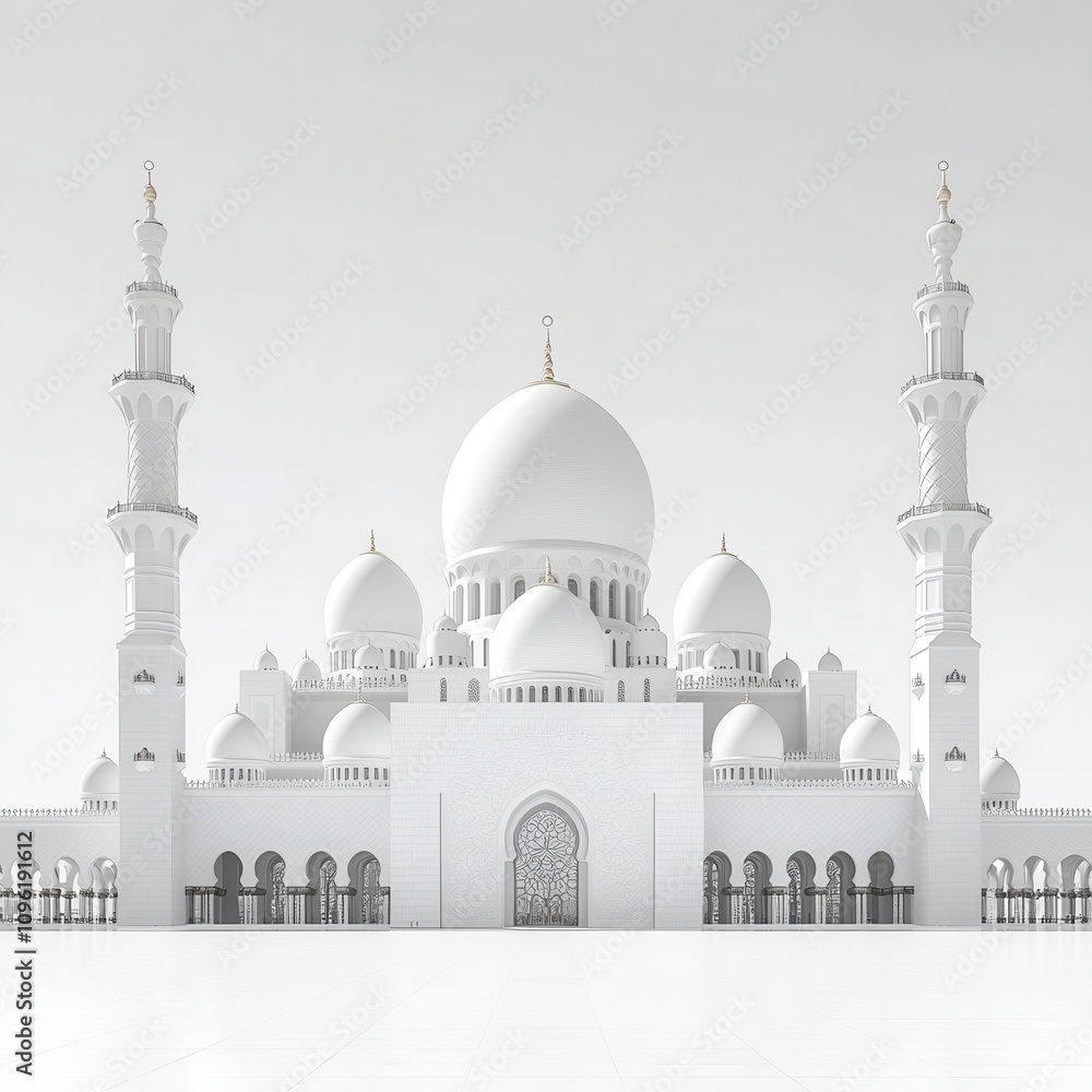 Obraz premium A black-and-white photograph showcasing the grandeur of the Sheikh Zayed Mosque in Abu Dhabi, isolated on a white background. 