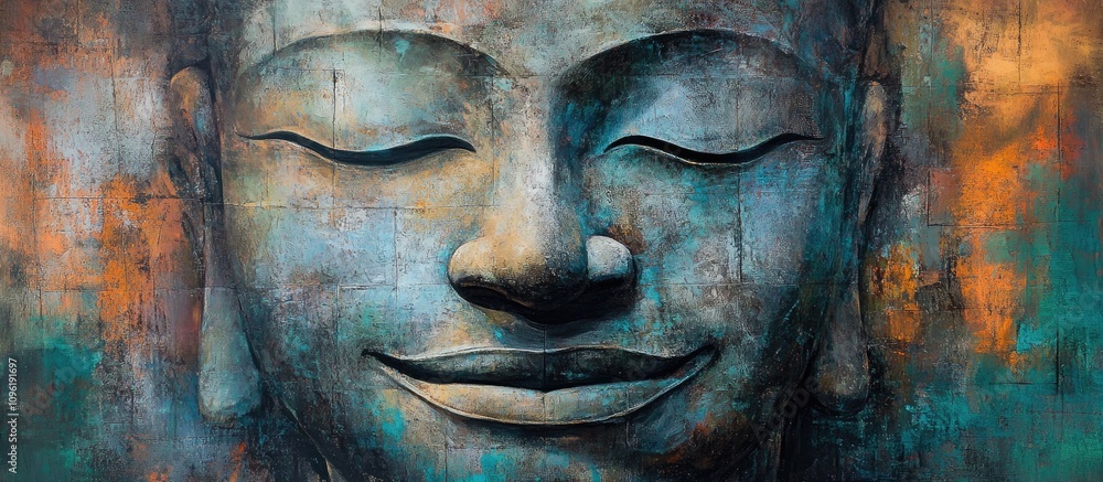 Serene Buddha Face Artistry in Vibrant Textures and Colors Representing Joy and Tranquility Serene Buddha Face Artistry in Vibrant Textures and Colors Representing Joy and Tranquility