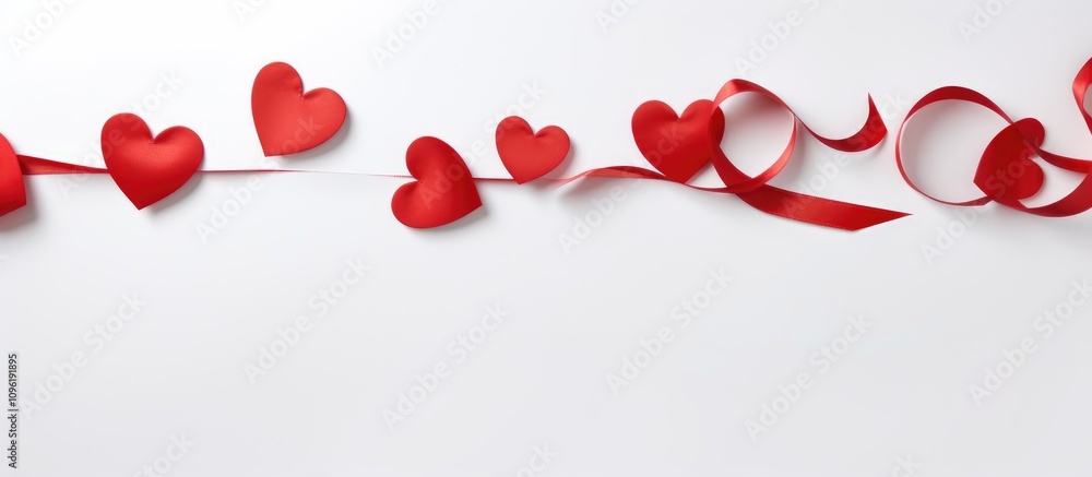 Valentine's Day paper hearts tied with a red ribbon on a white background romantic love concept horizontal format with copy space Valentine's Day paper hearts tied with a red ribbon on a white background romantic love concept horizontal format with copy space