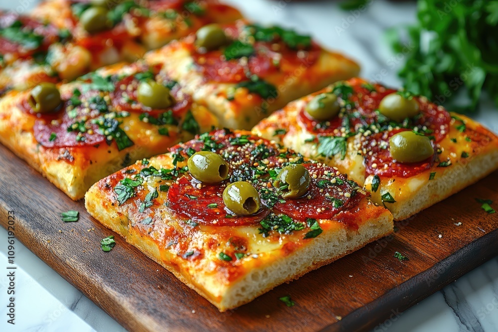 Delicious homemade square pizza with pepperoni, green olives and parsley on wooden board Delicious homemade square pizza with pepperoni, green olives and parsley on wooden board