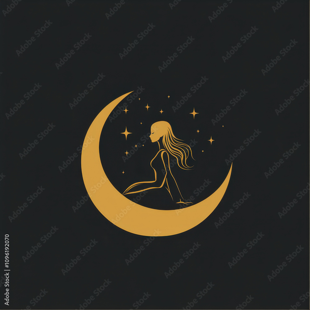Elegant Moonlit Silhouette Design Featuring a Serene Figure on a Crescent Moon Against a Solid Dark Background, Perfect for Modern Art Lovers Elegant Moonlit Silhouette Design Featuring a Serene Figure on a Crescent Moon Against a Solid Dark Background, Perfect for Modern Art Lovers