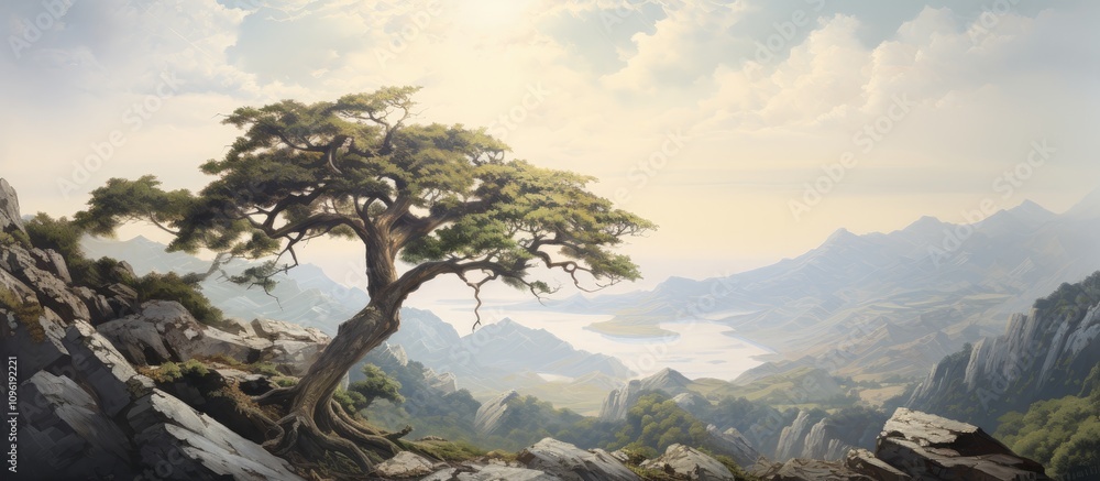 Scenic mountain top view showcasing a solitary tree with breathtaking landscape and serene water body in the background under a bright sky Scenic mountain top view showcasing a solitary tree with breathtaking landscape and serene water body in the background under a bright sky