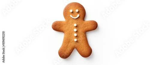 Gingerbread cookie shaped like a person with frosting decorations isolated on a clean white background.