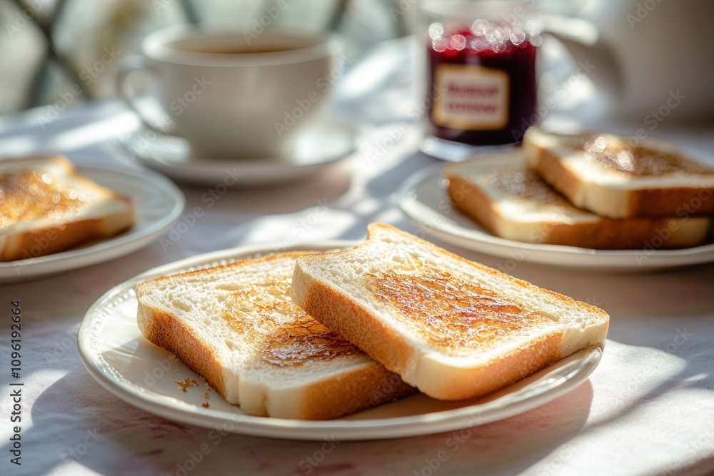 A close-up of slices of white bread toasting on plates A close-up of slices of white bread toasting on plates