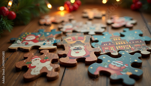 Vibrant Christmas Village Puzzle on Wood photo