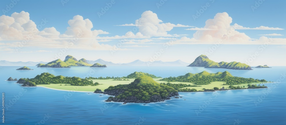 Vibrant aerial view of tropical islands with lush greenery and calm blue waters under a clear sky showcasing serene landscape beauty. Vibrant aerial view of tropical islands with lush greenery and calm blue waters under a clear sky showcasing serene landscape beauty.