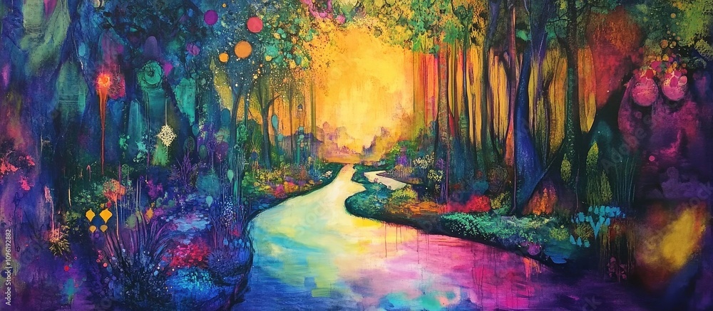 Obraz premium Vibrant magical landscape with colorful trees and tranquil river during sunset in an enchanting forest setting