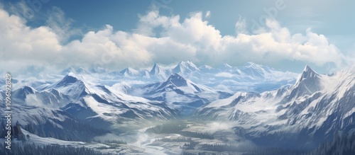 Majestic panoramic view of a snowy mountain landscape under a clear blue sky with fluffy clouds and a serene valley below