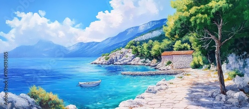 Serene Summer Landscape by the Adriatic Sea with Pristine Waters and Lush Greenery on a Peaceful Coastal Pathway