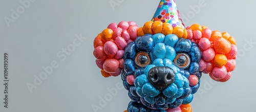 Colorful balloon dog in a festive party hat surrounded by vibrant confetti against a soft light backdrop perfect for celebratory themes photo