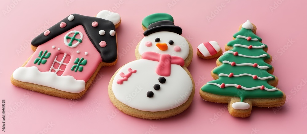 Festive Christmas cookies shaped like a snowman, house, tree, and candy on a vibrant pink background for holiday celebrations. Festive Christmas cookies shaped like a snowman, house, tree, and candy on a vibrant pink background for holiday celebrations.