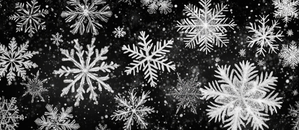 Winter snowflakes on a dark background creating a festive atmosphere for Christmas and holiday seasonal designs. Winter snowflakes on a dark background creating a festive atmosphere for Christmas and holiday seasonal designs.