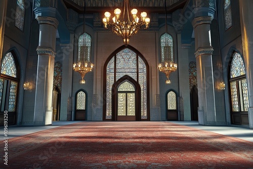 Grand mosque interior with ornate details, stained glass windows, and a large prayer rug.