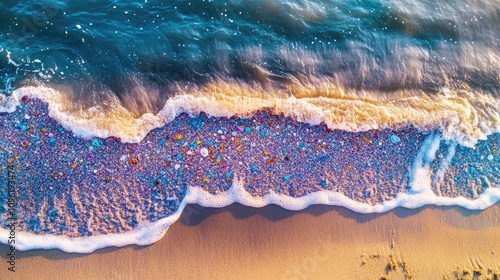 Vibrant microplastics glistening along a sandy beach as a wave recedes, revealing colorful debris in the sunlight by the shoreline. photo