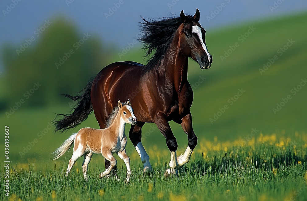 Beautiful brown horse and foal running across a lush green field on a sunny day Beautiful brown horse and foal running across a lush green field on a sunny day