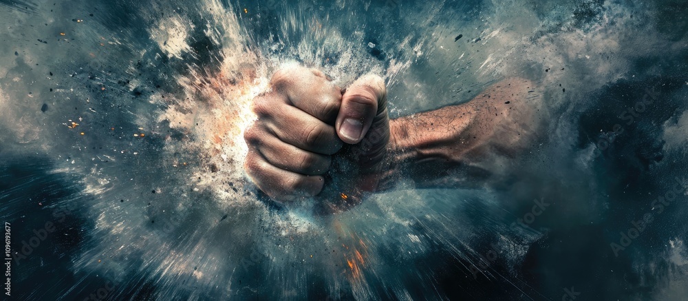 Fototapeta premium Fist of a man symbolizing strength and power amidst an explosive background representing protest and defiance in a dramatic concept