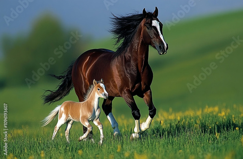 Beautiful brown horse and foal running across a lush green field on a sunny day