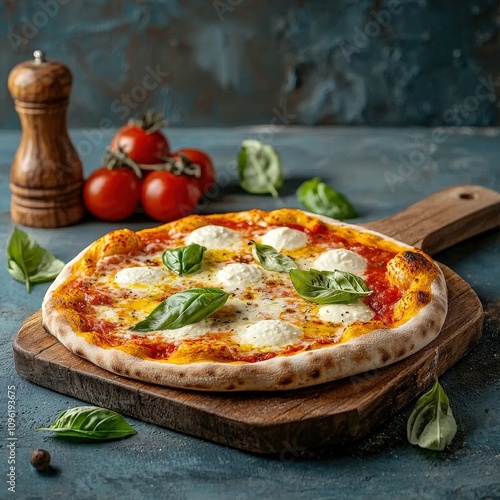 Fresh Margherita Pizza on Wooden Board with Basil