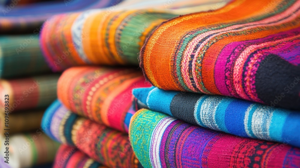 Vibrant textile showcasing bright horizontal stripes in red, orange, blue, and green, symbolizing cultural diversity, warmth, and creativity. Vibrant textile showcasing bright horizontal stripes in red, orange, blue, and green, symbolizing cultural diversity, warmth, and creativity.