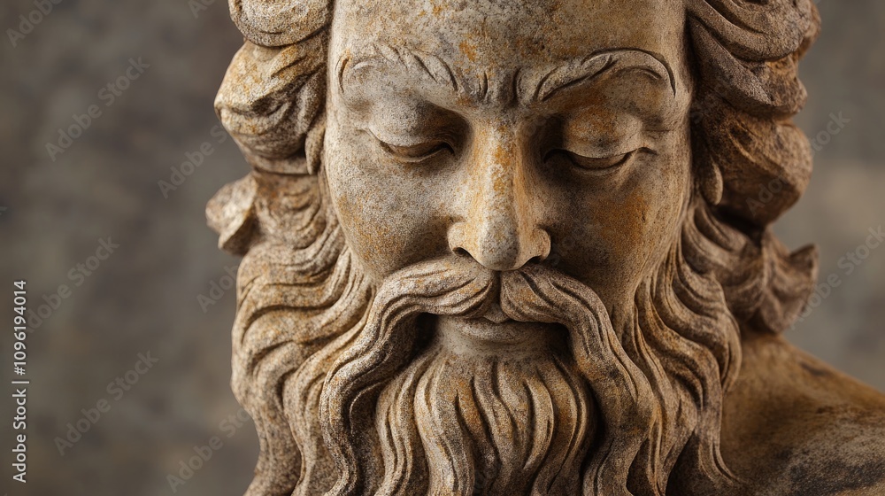 Regal stone sculpture of a wise figure with a detailed beard, showcasing exquisite craftsmanship and a serene expression of strength and wisdom. Regal stone sculpture of a wise figure with a detailed beard, showcasing exquisite craftsmanship and a serene expression of strength and wisdom.
