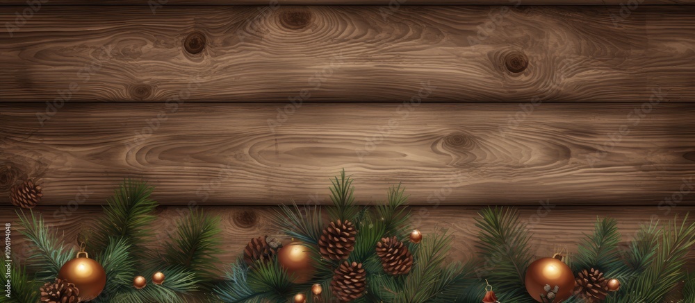 Christmas tree branches adorned with bumps and decorative ornaments on a rustic wooden backdrop for festive holiday designs Christmas tree branches adorned with bumps and decorative ornaments on a rustic wooden backdrop for festive holiday designs